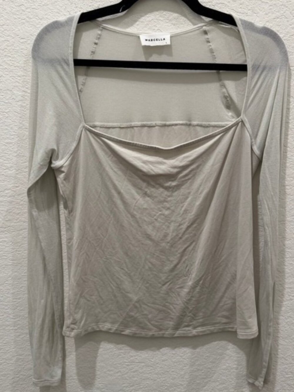 Marcella Women Long Sleeve Mesh Panel Square Neck Top Light Gray Large